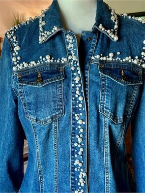Pearl-Trim Blue Denim Jean Jacket - Women's Embellished Jacket